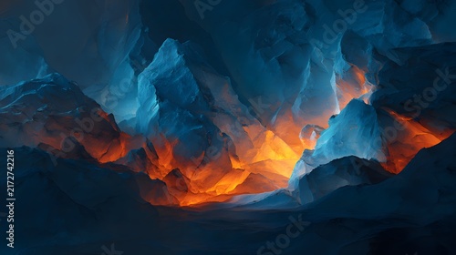 Cinematic landscape of glowing orange fire burning inside blue icebergs