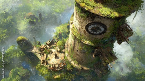 Tower overgrown with vegetation in a ruined, jungle-like landscape.