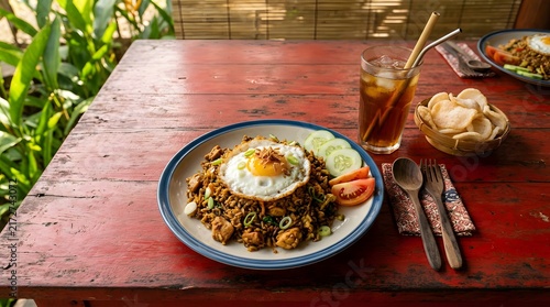 Savory fried rice dish with fried egg and drink