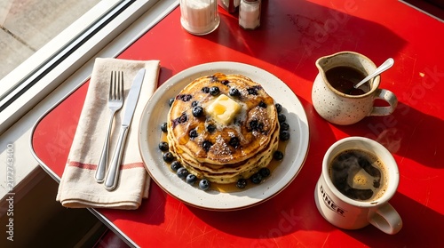 Stack of pancakes with berries and butter syrup coffee morning breakfast