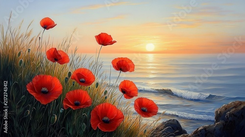 Vibrant Red Poppies Blooming by the Seaside at Sunset with Gentle Waves