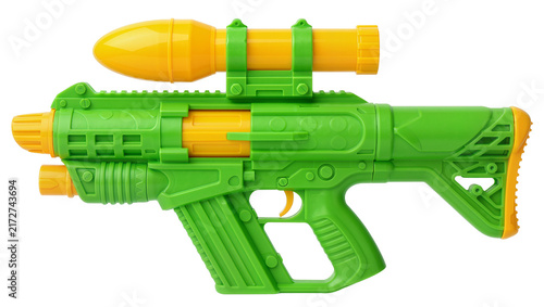 Konstfotografi Green and yellow plastic toy rifle with scope, isolated on transparent backgroun