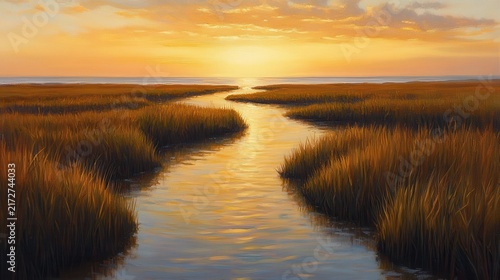 Serene Sunset Over Marshland with Twisting Waterway and Tall Grasses
