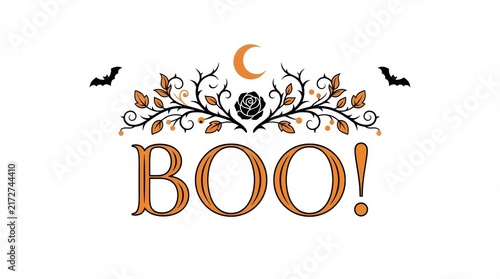 Halloween boo text banner design with floral vines and crescent moon