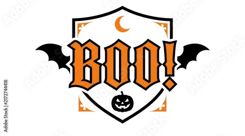 Halloween boo lettering logo inside a shield badge with bat wings