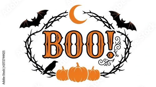 Halloween boo text design with thorny wreath bats and pumpkins