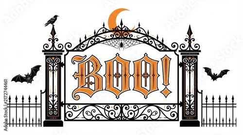Spooky halloween graveyard gate vector with boo text and moon