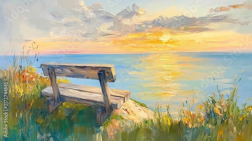 Tranquil Seaside Sunset with Wooden Bench and Wildflowers in Soft Pastel Colors