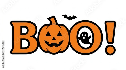 Halloween boo text design featuring an orange jack o lantern pumpkin and bat