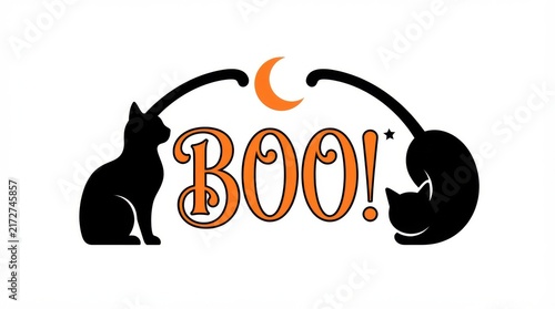 Halloween graphic design with black cats framing orange boo typography
