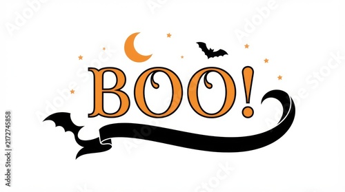 Boo halloween greeting text illustration with crescent moon bats banner