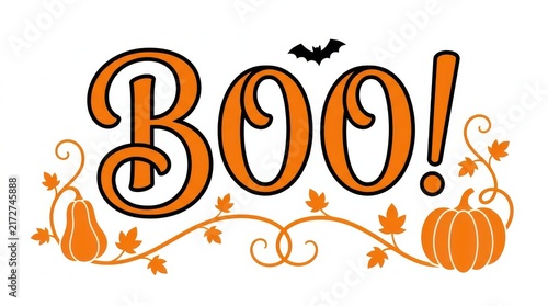 Boo halloween lettering design decorated with pumpkins autumn leaves bat
