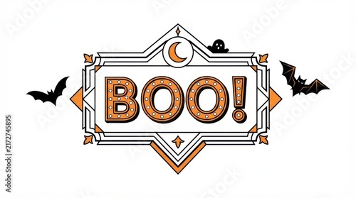 Vintage style boo halloween text inside an ornate decorative frame with bats