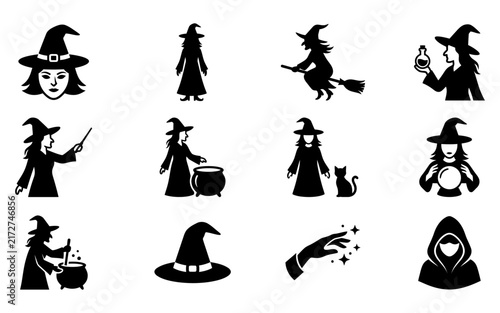 Картината върху платно Set of black silhouette icons featuring various witch characters and magic eleme
