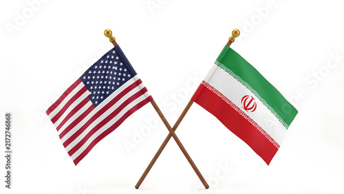 United states and iran flags crossed on poles against a white background with front white backdrop international relations