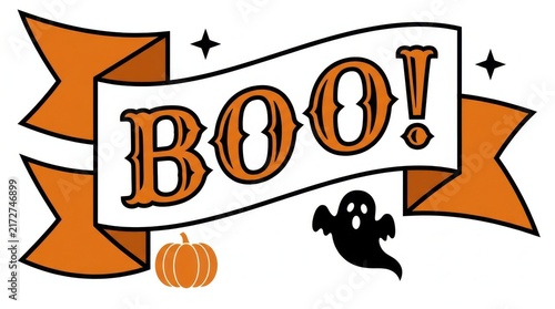 Halloween boo text banner with ghost and pumpkin graphic illustration