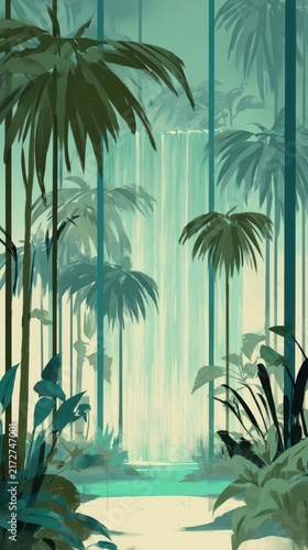 Lush tropical forest scene with a waterfall.