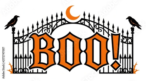 Halloween boo title framed by spooky iron gates and crows with halloween text