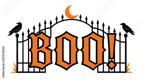 Halloween boo text design with cemetery gate crows and moon halloween cemetery