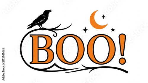 Halloween boo text with raven bird and crescent moon illustration