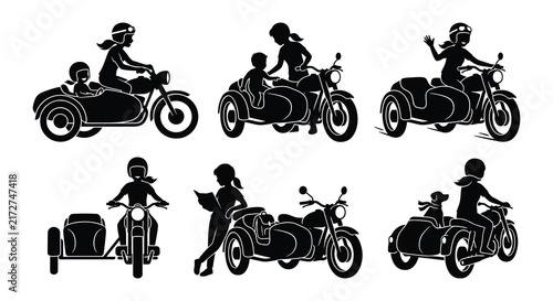 Photography Motorcycle silhouettes depict riders and passengers in various poses