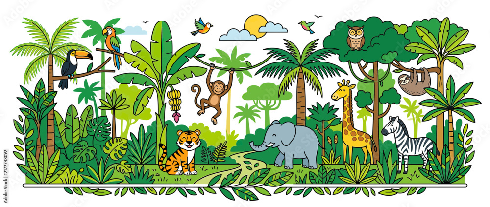 Naklejka premium Jungle Animals and Lush Vegetation Cartoon Illustration