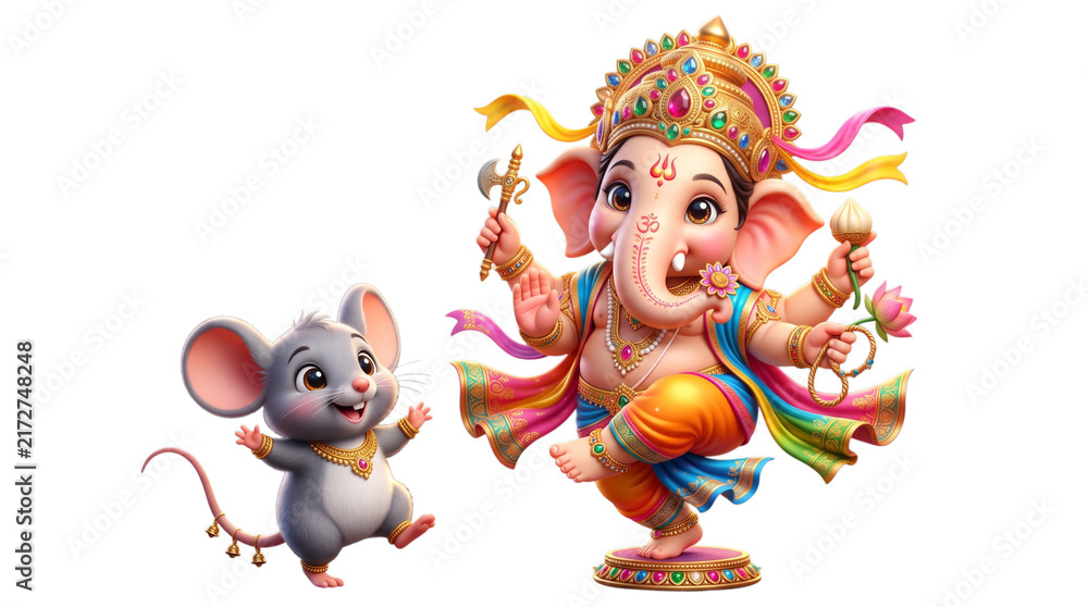 Fototapeta premium Cute baby ganesha dancing with mouse isolated on transparent background