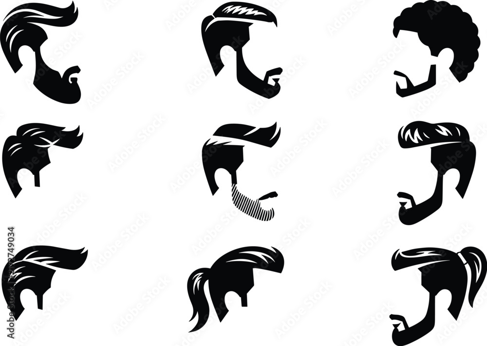Obraz premium Set of men hairstyles and beards side view silhouettes featuring trendy hipster haircut styles vector