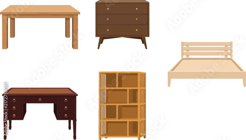 Wooden Bedroom and Office Furniture Vector Set with Desk, Bed Frame, Chest of Drawers, Table, and Bookshelf Icons for Interior Design