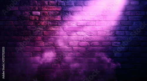 Abstract Purple Lighting on Rustic Brick Wall Texture. Empty Performance Stage with Purple Spotlights and Smoke
