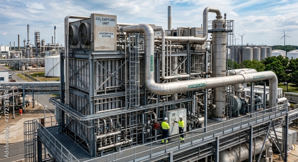 Fototapeta premium Massive Carbon Capture Industrial Facility with Workers Overseeing Advanced Processing Equipment
