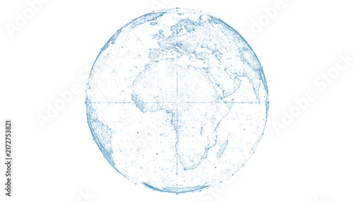 Blue digital wireframe globe showing the planet earth map with technological grid lines on a white background.