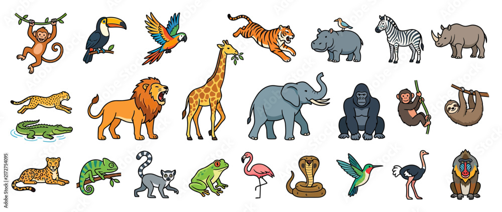 Naklejka premium Cute Cartoon Safari Animals Collection Isolated