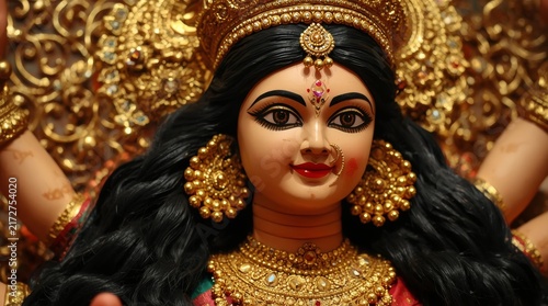 Close up of intricately adorned traditional female deity statue with ornate gold jewelry with statue elaborately decorated jewelry intricate headdress