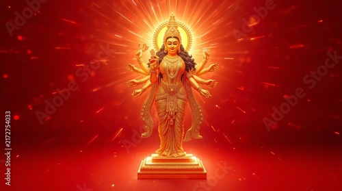 Majestic golden divine figure radiating celestial light in vibrant red glow with standing regal against radiant red backdrop luminous energy beams emanating crown