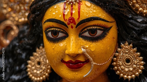 Close up of intricately painted traditional deity face adorned with water droplets with evoking cultural spiritual reverence droplets elaborate decorative
