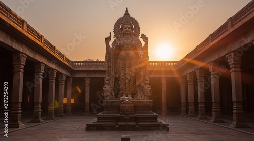Majestic statue illuminated by golden hour sunlight in ancient temple courtyard with pillars ornate architectural captures grand intricately