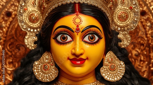 Close up of intricately adorned traditional deity idol with elaborate golden jewelry with ornate golden headgear earrings against richly textured background
