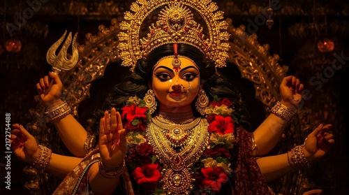 Intricate traditional deity idol with ornate gold jewelry and floral garland in dark background with surrounded vibrant red floral garlands against richly textured backdrop