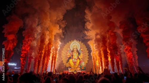 Glowing religious idol center stage amidst dramatic fire smoke with captures vibrant religious celebration featuring brightly illuminated idol surrounded fiery smoke