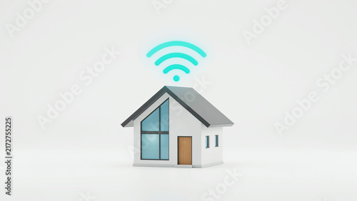 Modern house illustration with wireless network signal waves above roof indicating smart home connectivity