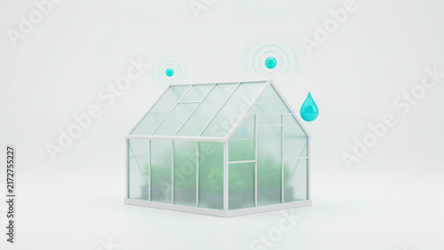 Modern greenhouse illustration with water droplets and humidity indicators showing environmental monitoring concept