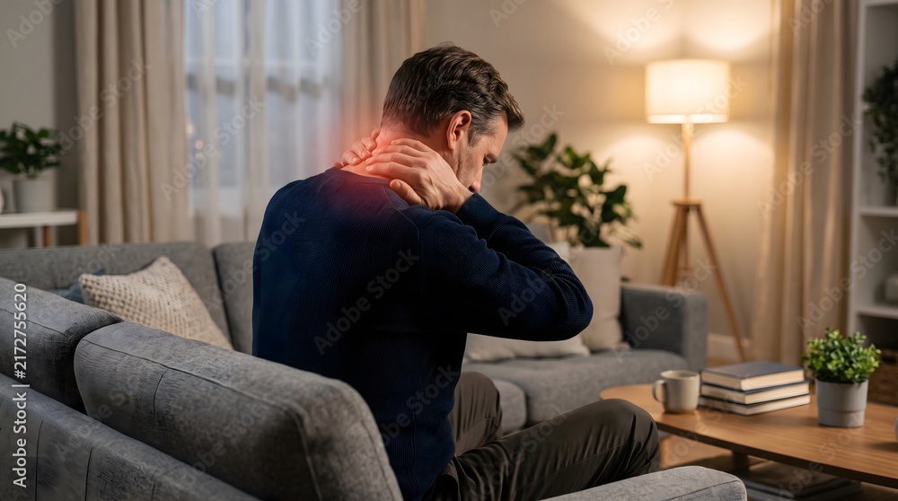 Fototapeta premium Man Suffering from Neck and Shoulder Pain at Home