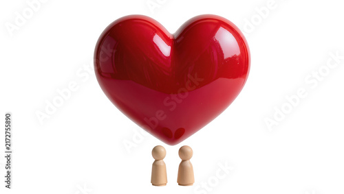Foto Glossy red heart shape floating above two small wooden peg people, isolated on t