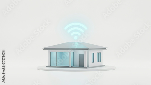 Modern minimalist house illustration with glowing wireless network signal above roof representing smart home connectivity