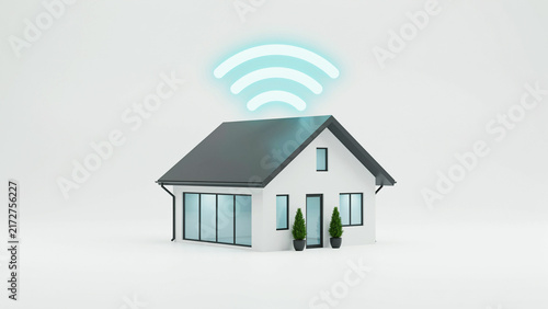 Modern smart home with wireless signal waves above roof indicating internet connectivity and technology integration