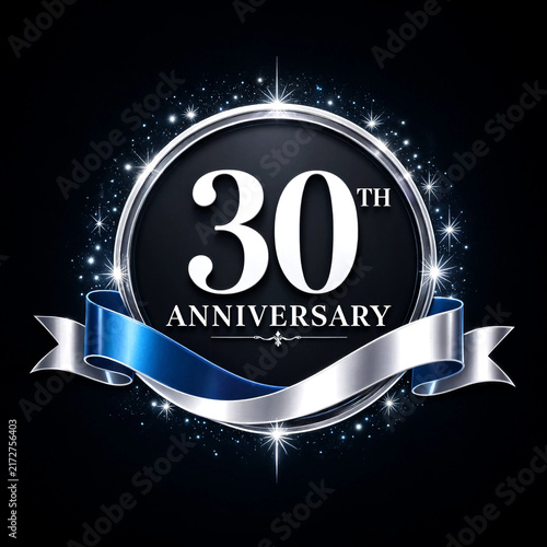 Elegant glowing thirtieth anniversary logo design with ribbon and sparkling stars celebration concept