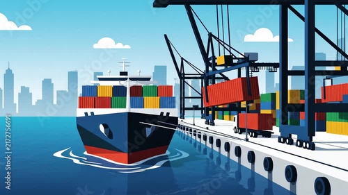 Minimal sea freight animation harbor background with moving ship