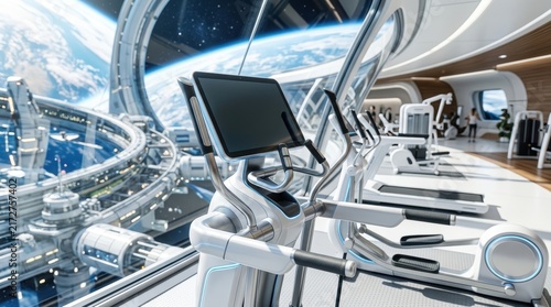 Futuristic Space Gym: A high-tech fitness center aboard a space station, featuring advanced exercise equipment with Earth visible in the background.