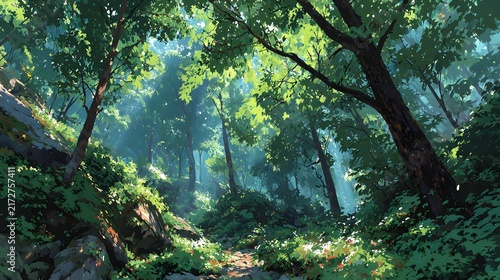 Sunlight Streaming Through a Mystical, Vibrant Green Forest